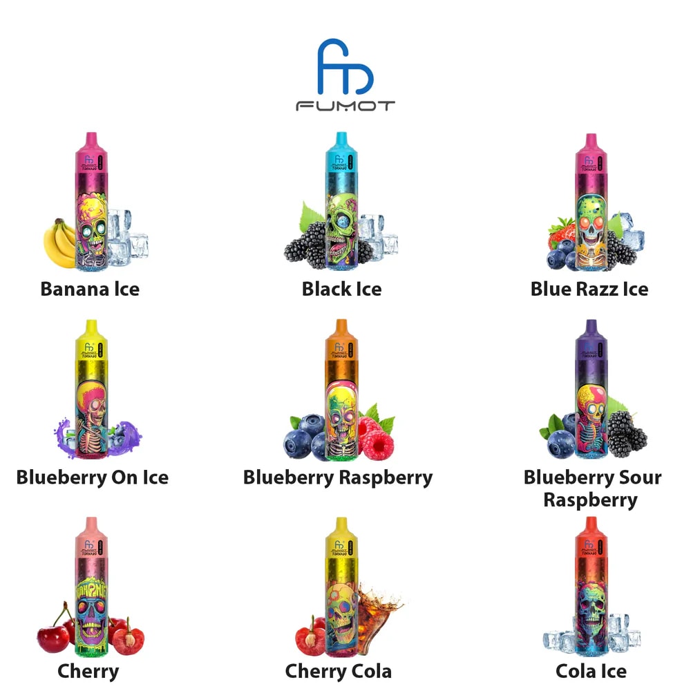 Visning av åtta smaksatta vape-produkter från FUMOT, var och en med färgglada mönster och distinkta smaknamn: Banana Ice, Black Ice, Blue Razz Ice, Blueberry On Ice, Blueberry Raspberry, Blueberry Sour Raspberry, Cherry och Cherry Cola.