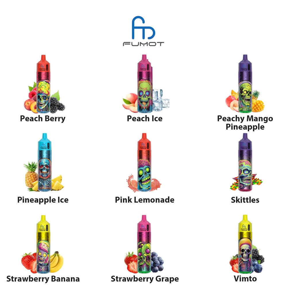 Ett rutnät med åtta olika smaksatta vape-produkter, var och en med en färgstark design med en dödskalle, märkt med smaker som Peach Berry, Peach Ice, Peachy Mango Pineapple, Pineapple Ice, Pink Lemonade, Skittles, Strawberry Banana och Strawberry Grape, med FUMOT-logga upptill.