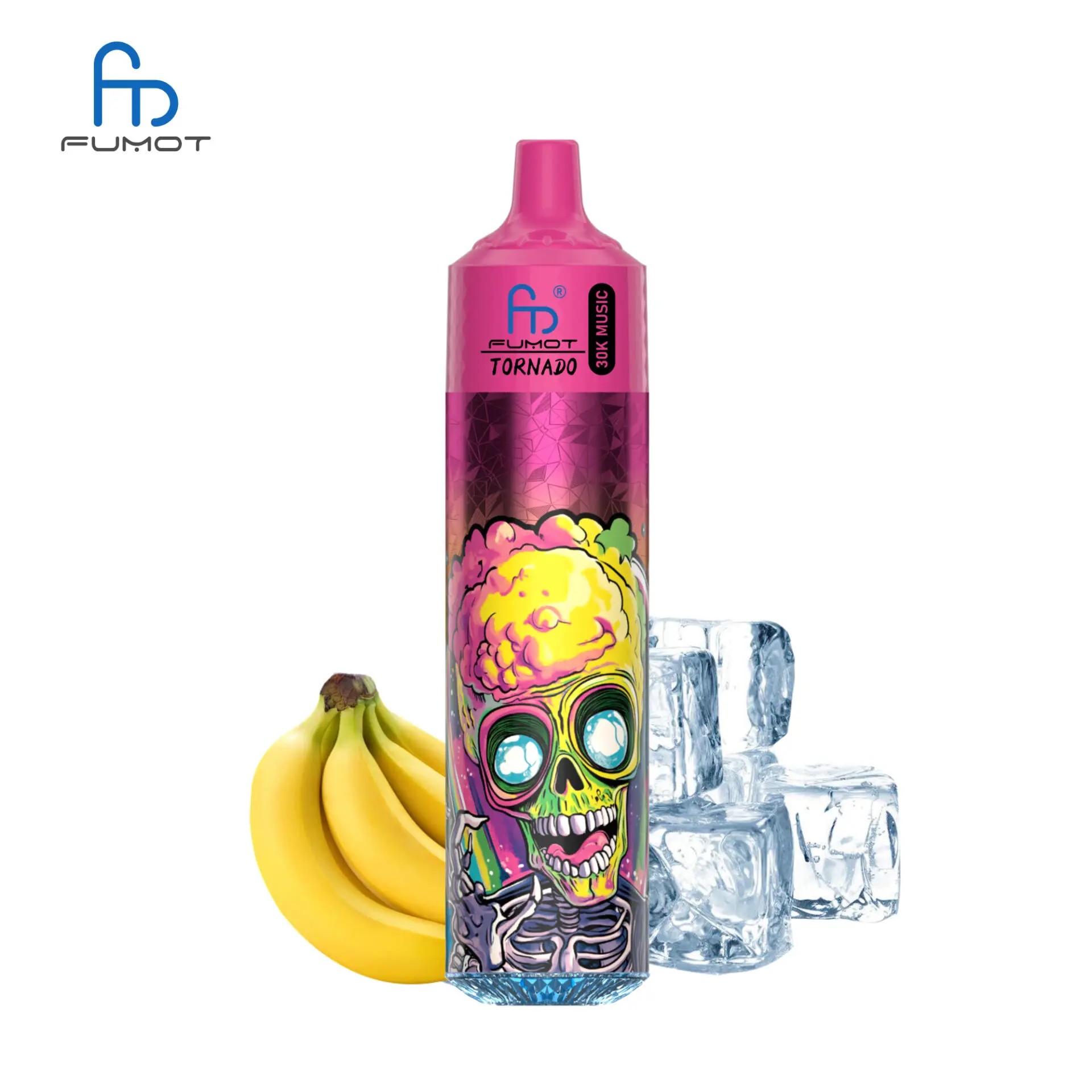 En färgglad vape-enhet med en dödskalledesign placeras bredvid tre bananer och några isbitar. Vapen är märkt "FUMOT TORNADO" och har en rosa topp. Bakgrunden är vanlig vit.