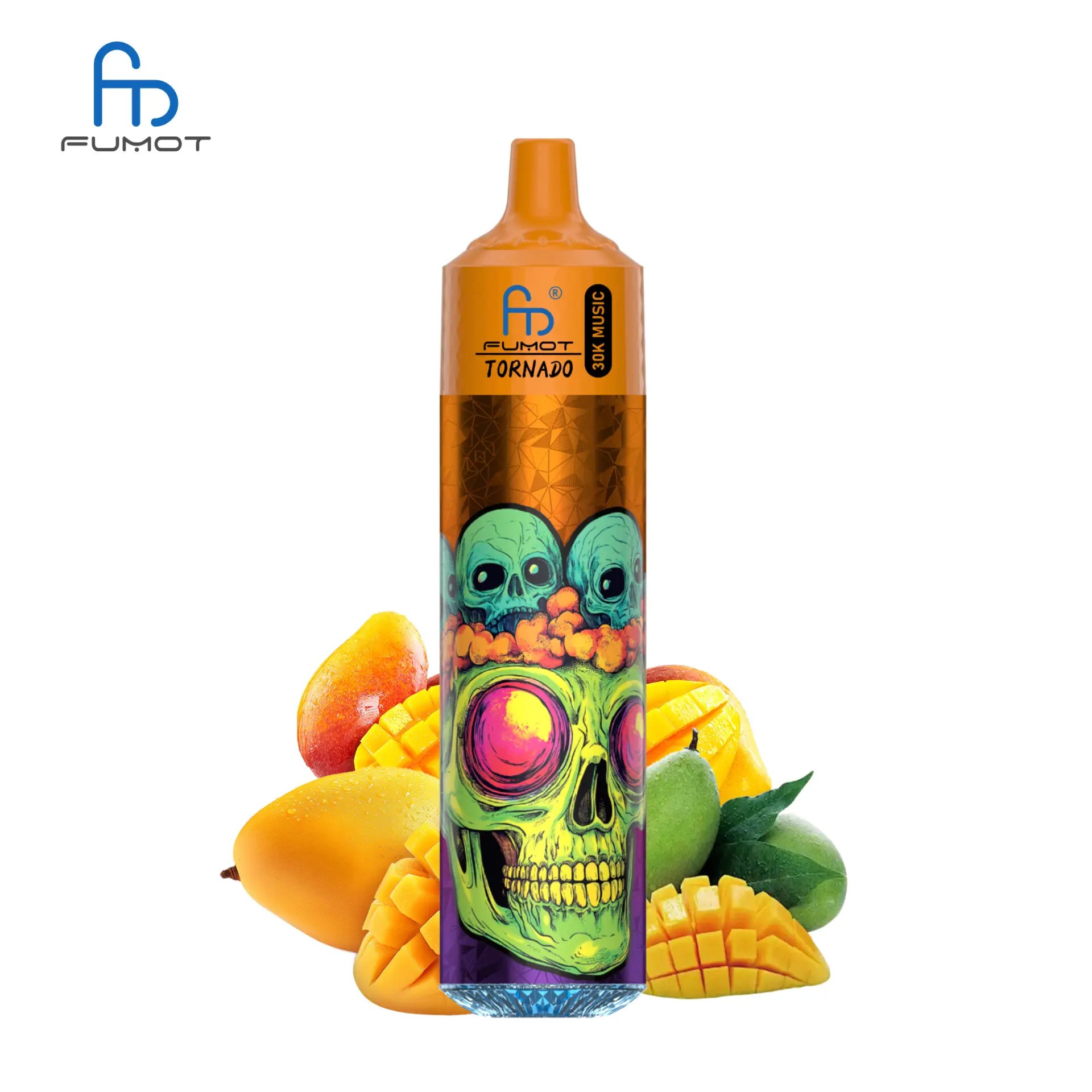 En orange vape-enhet märkt "Fumot Tornado 30K Music" med en dödskalle och hjärna, omgiven av mango och mangoskivor.