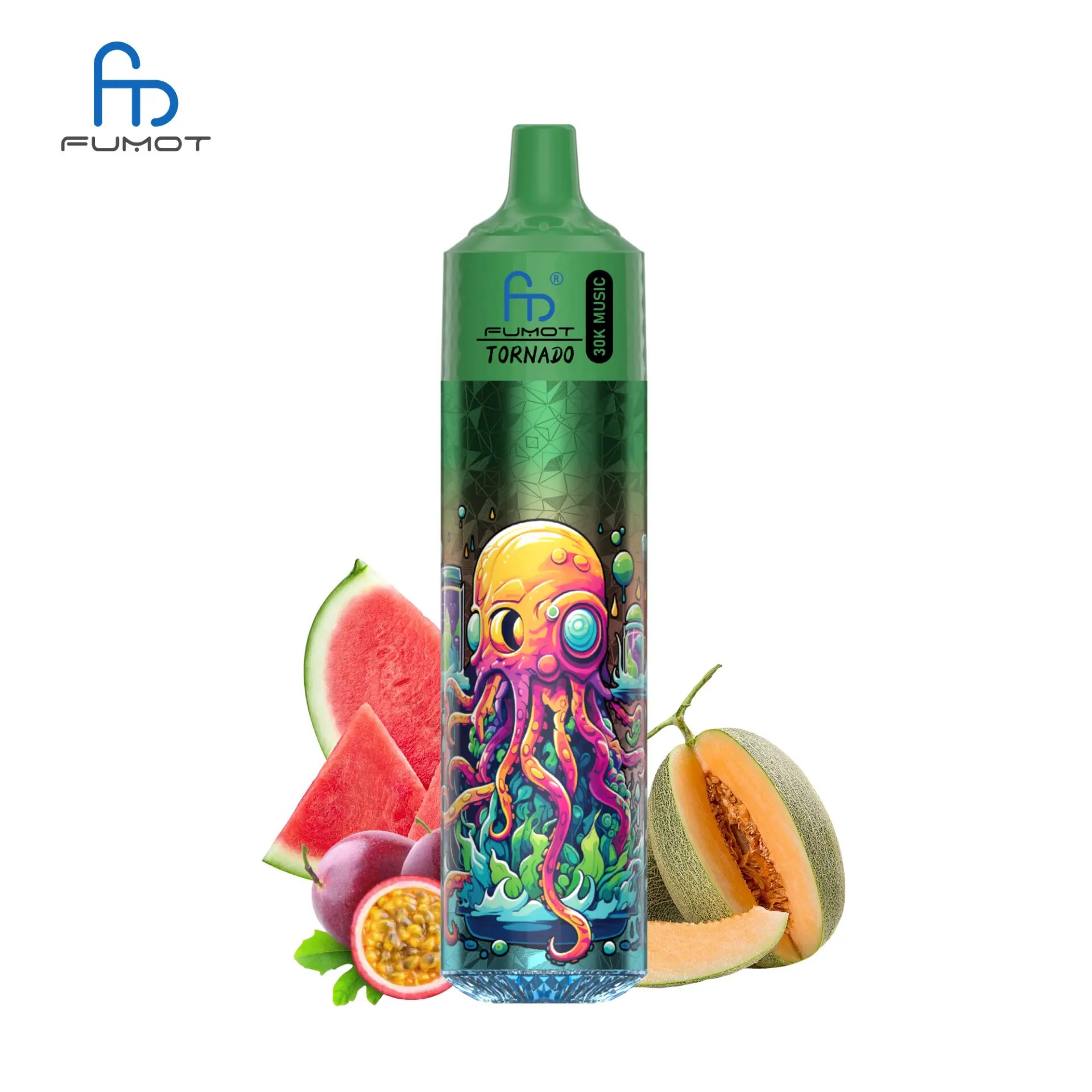 En färgglad vape-enhet med bläckfiskdesign, omgiven av skivor av vattenmelon, cantaloupe och passionsfrukt.