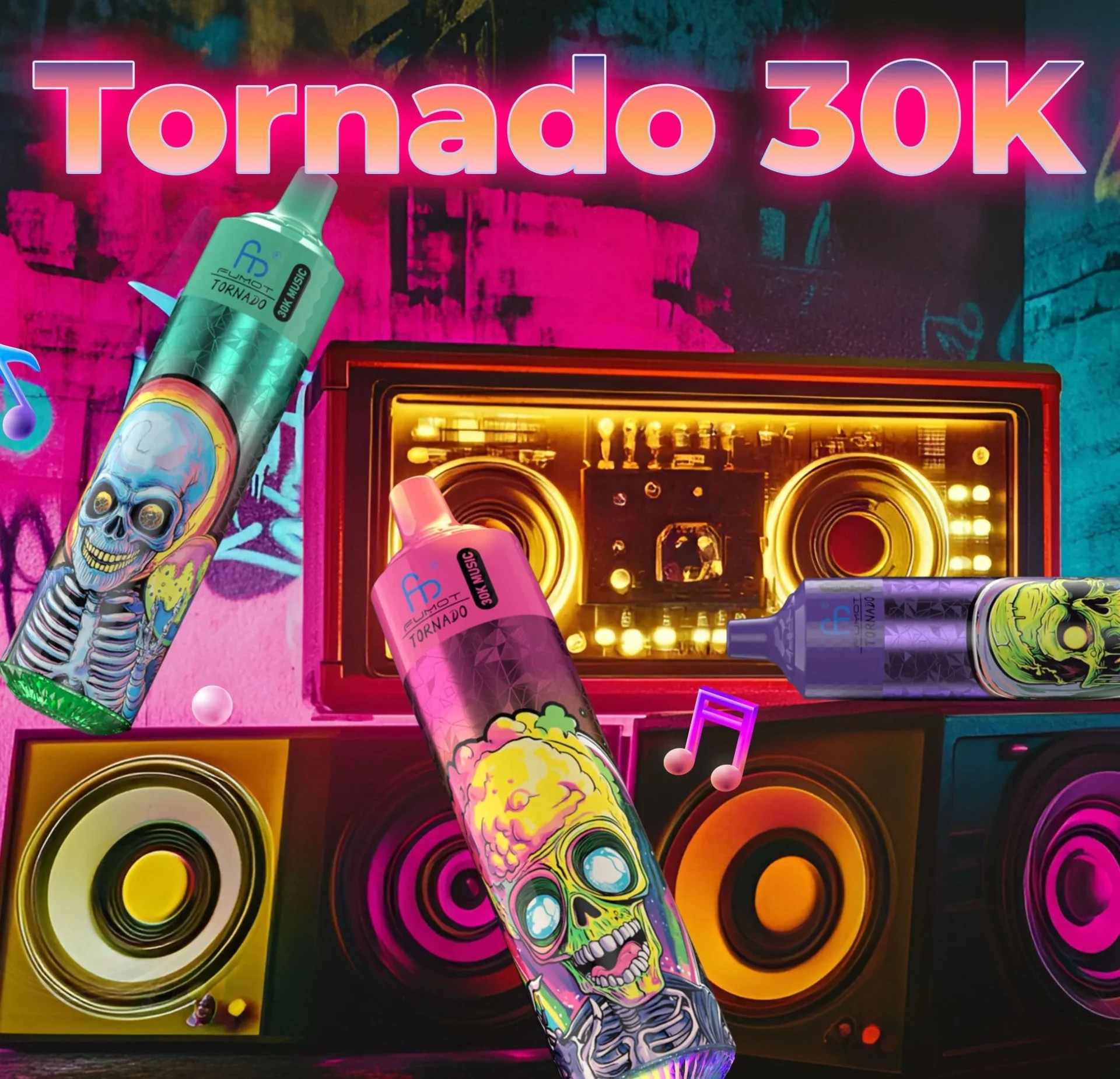En livfull grafik med två sprayburkar med färgglada skalledesigner, märkta "Tornado", mot bakgrund av retrohögtalare och neonljus. Texten "Tornado 30K" visas tydligt överst.