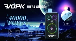 A promotional image for the VOPK Ultra 40000 vaping device, featuring a futuristic space background with mountains and planets. The device displays "40000 PUFFS," along with icons for child lock, RGB screen, 36 mL capacity, dual flavor switching, and a mesh coil design. An inset shows a close-up of the device's mouthpiece, labeled "2 IN 1."