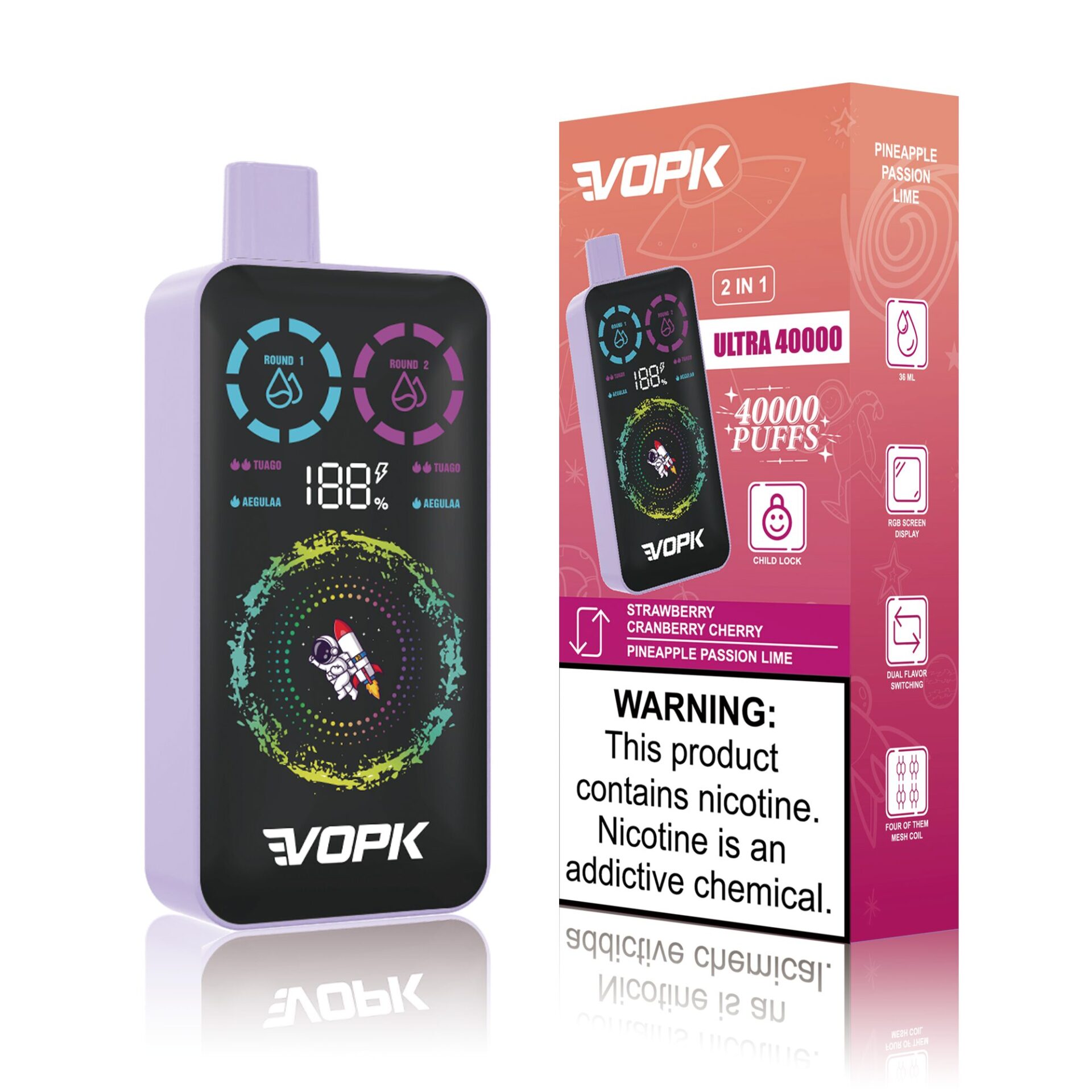 A vape device with a digital display and colorful graphics, alongside a pink and orange packaging box listing flavors, warnings, and specifications.