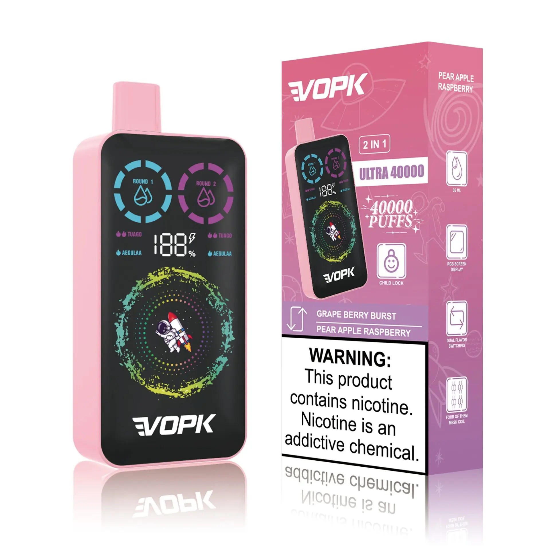 A pink and black vaping device with a digital display showing battery percentage and flavor information, next to a colorful box labeled "VOPK" containing warnings about nicotine and product details.
