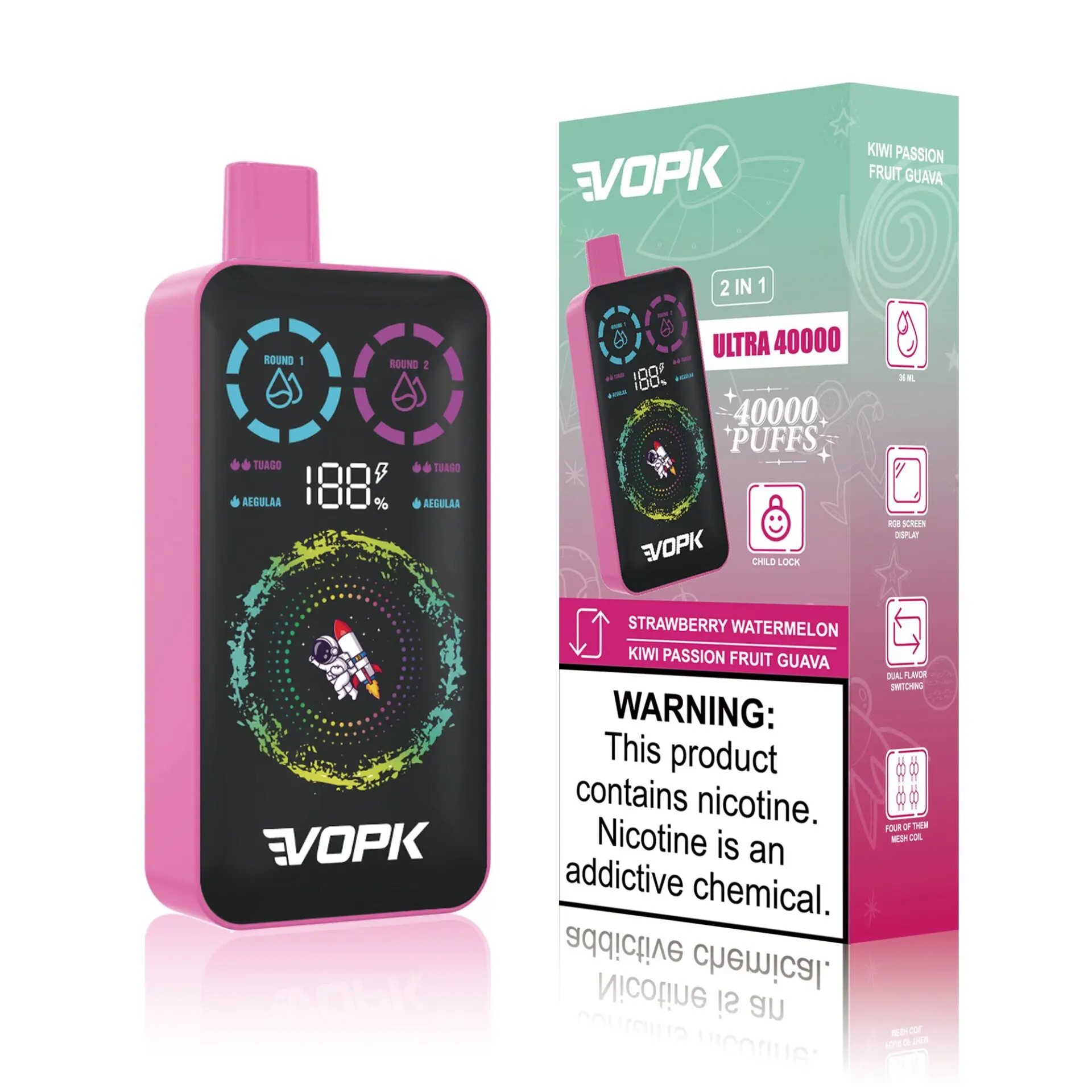 A pink and black vaping device with a digital display, showing battery percentage and two round indicators, next to its colorful packaging featuring flavor details and a caution label about nicotine.