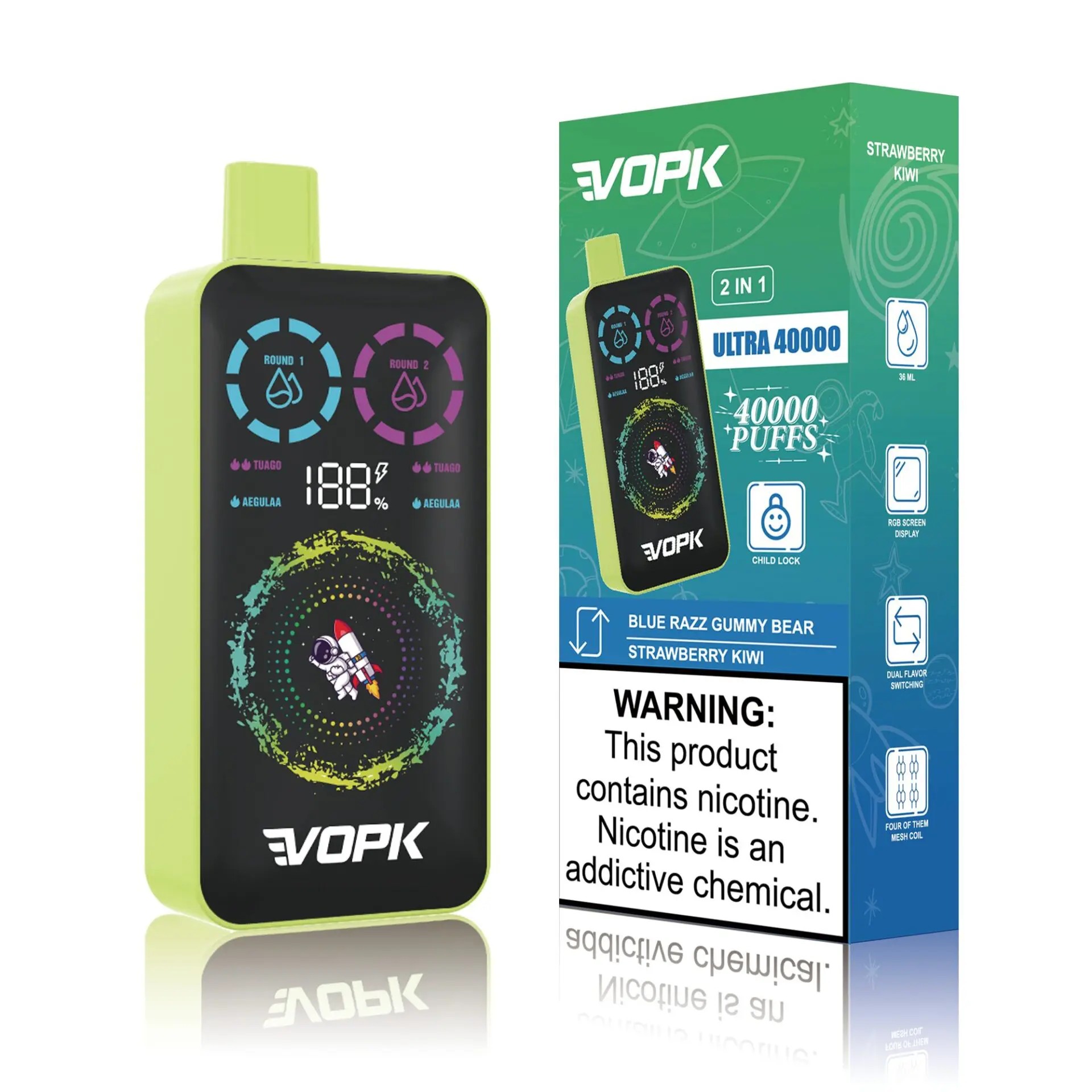 A green and black electronic vaping device labeled "VOPK," showcasing a digital display with various icons and a colorful design featuring a rocket. Next to it is a blue box with product information, including flavor options of "Blue Razz Gummy Bear" and "Strawberry Kiwi," along with a warning about nicotine.