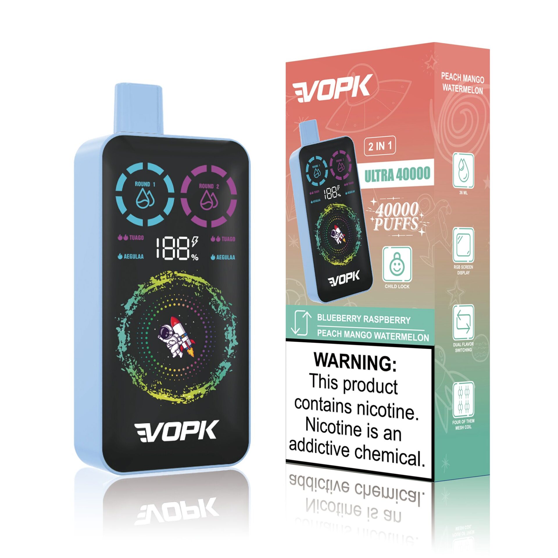 A vape device with a blue exterior featuring a digital screen and colorful indicators, displayed next to its packaging that lists flavors (Blueberry Raspberry, Peach Mango Watermelon) and a nicotine warning.