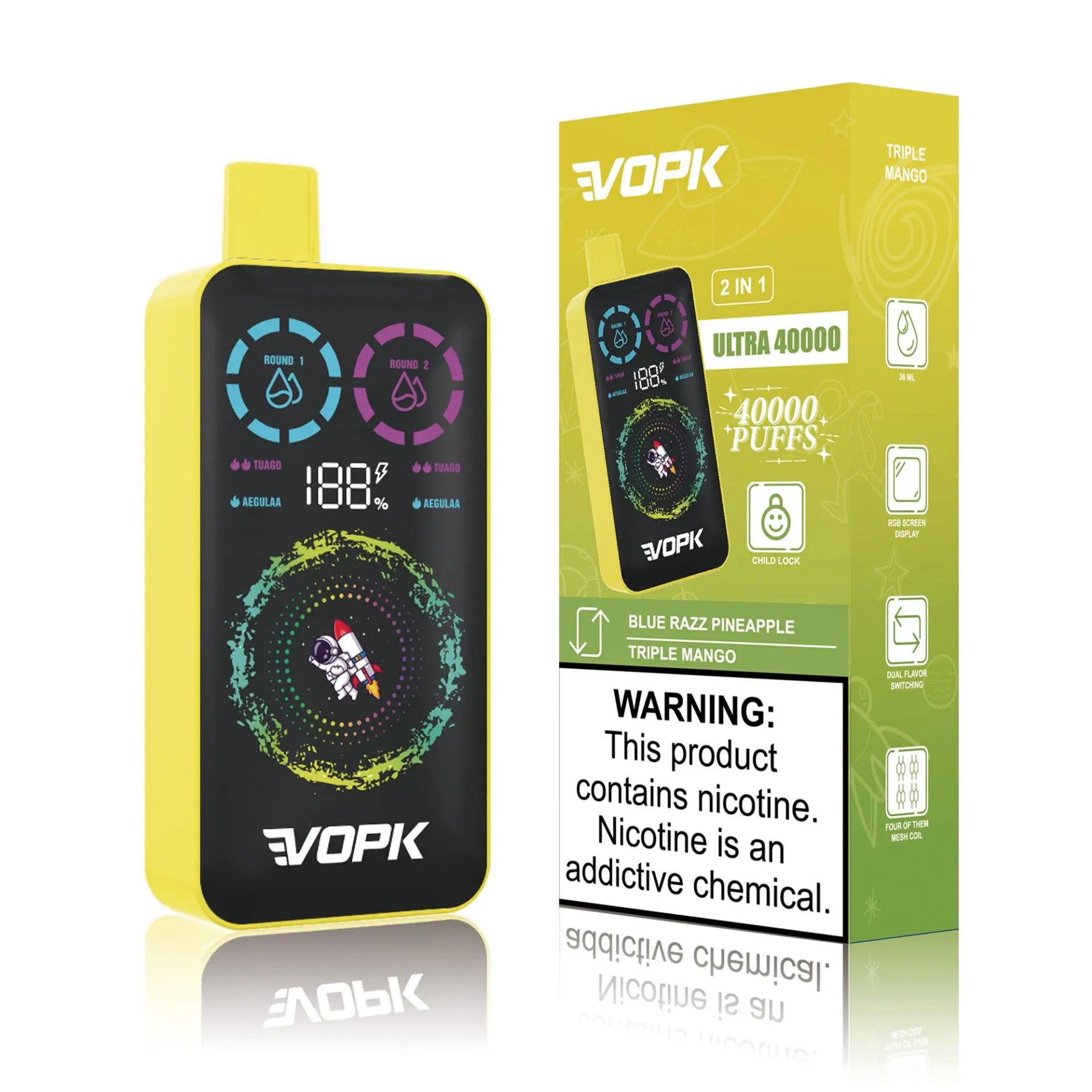 A colorful vape device with a screen displaying battery percentage and features, beside its packaging indicating flavors "Blue Razz Pineapple" and "Triple Mango," along with a warning about nicotine.