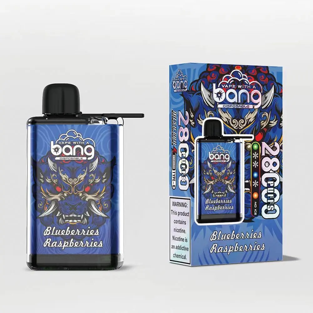 Un appareil à vapotage étiqueté « Bang » avec les saveurs « Myrtilles Framboises », présentant un motif de dragon coloré sur fond bleu, accompagné d'une boîte assortie affichant des illustrations similaires et des avertissements concernant la nicotine.