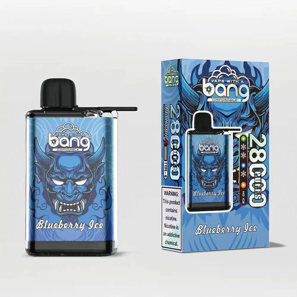Un produit de vapotage jetable au design bleu représentant un visage de démon bleu féroce, étiqueté « Blueberry Ice », placé à côté de son emballage qui met en valeur « 28 Puffs ».