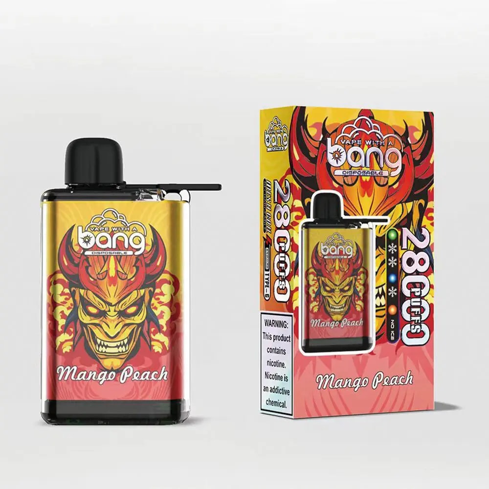 Un appareil de vapotage jetable coloré étiqueté « Mango Peach » présentant un design vibrant avec un visage en forme de dragon et entouré de flammes stylisées, à côté de son emballage qui affiche le même design et un avertissement concernant la nicotine.