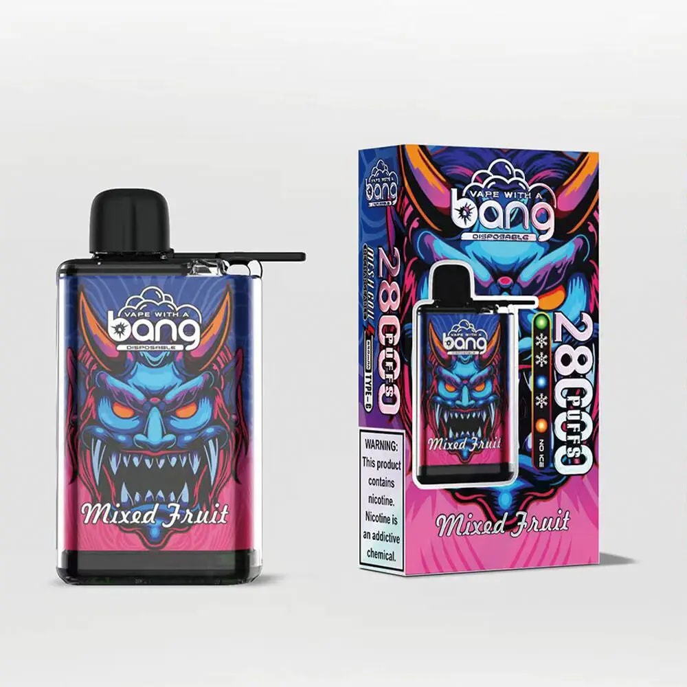 Un appareil de vapotage jetable coloré étiqueté « Mixed Fruit » avec un design graphique dynamique représentant une créature bleue et violette menaçante, à côté de sa boîte affichant des illustrations similaires et des informations d'avertissement sur la nicotine.