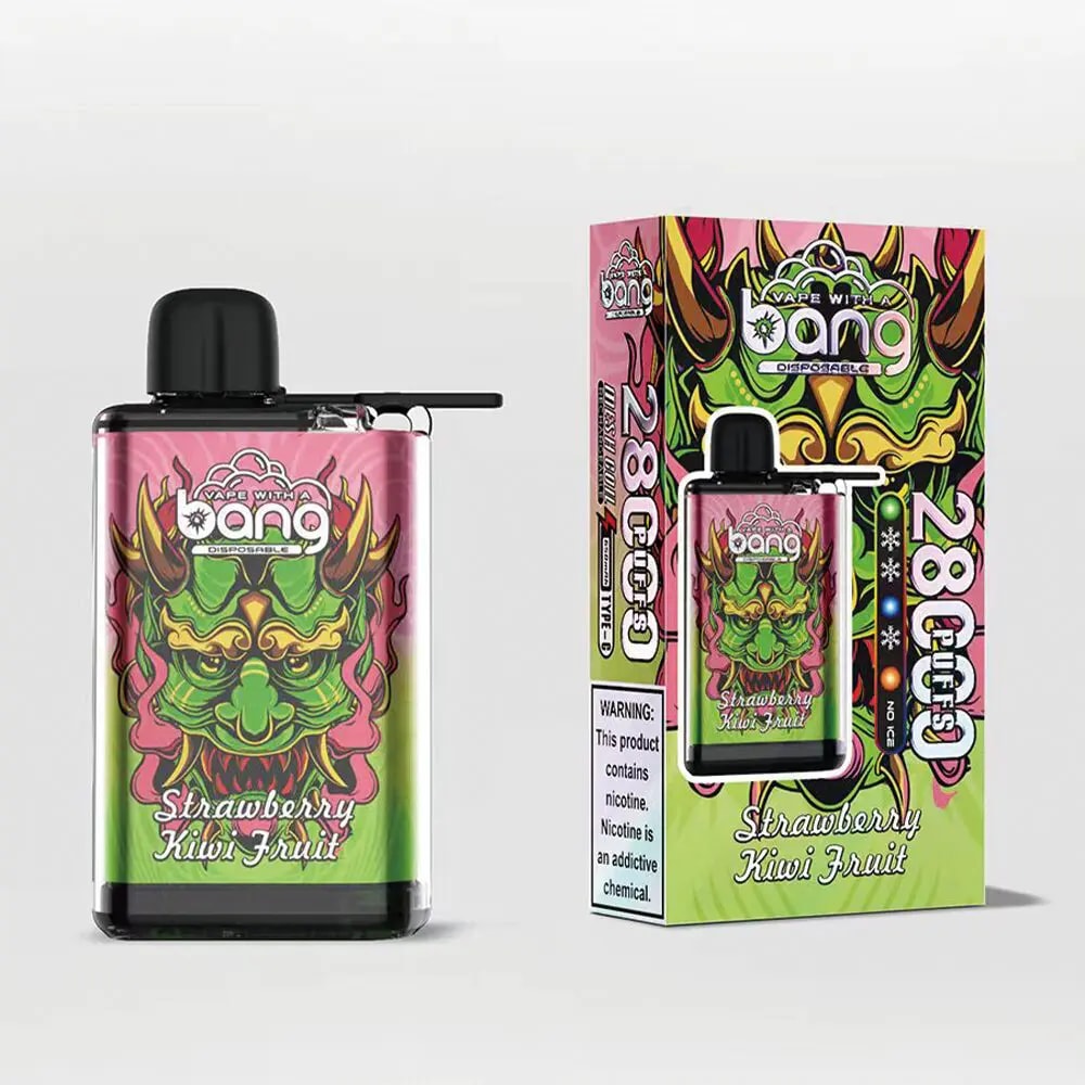 Un appareil à vapotage coloré étiqueté « Bang Disposable » au goût de fraise-kiwi, avec un design artistique représentant le visage d'une créature verte et rouge. L'emballage comprend un avertissement concernant la nicotine.