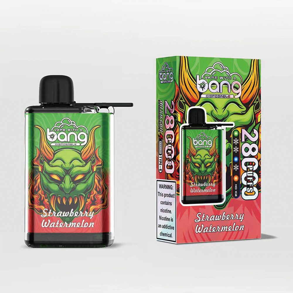 Un appareil de vapotage jetable coloré intitulé « Strawberry Watermelon » avec un design vert et rouge représentant une créature verte à l'allure féroce et des flammes, accompagné d'une boîte assortie affichant le même design et une étiquette d'avertissement concernant la nicotine.