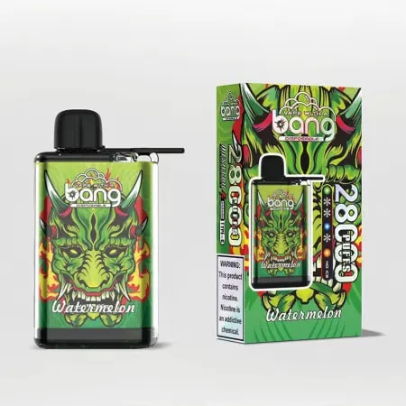 Un appareil de vapotage jetable et son emballage présentant un motif de dragon vert, des flammes et la saveur « Pastèque », avec des avertissements sur la teneur en nicotine.