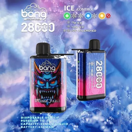 Une image promotionnelle mettant en vedette deux appareils de vape jetables aux motifs colorés. L'un des appareils présente un dégradé bleu et rose avec un visage de monstre féroce étiqueté « Mixed Fruit », tandis que l'autre appareil indique les options « ICE Control ». L'arrière-plan est une texture semblable à du givre avec du texte mettant en évidence des fonctionnalités telles que « 28 000 bouffées », les spécifications de la batterie et la capacité du e-liquide.