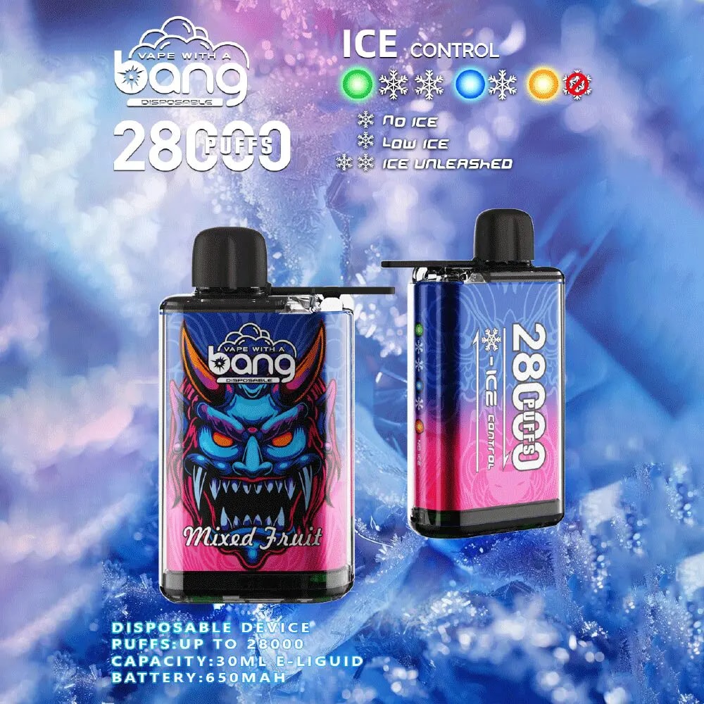 Une image promotionnelle mettant en vedette deux appareils de vape jetables aux motifs colorés. L'un des appareils présente un dégradé bleu et rose avec un visage de monstre féroce étiqueté « Mixed Fruit », tandis que l'autre appareil indique les options « ICE Control ». L'arrière-plan est une texture semblable à du givre avec du texte mettant en évidence des fonctionnalités telles que « 28 000 bouffées », les spécifications de la batterie et la capacité du e-liquide.