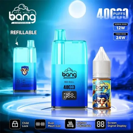 Vape jetable bleue rechargeable avec 4000 bouffées, bobine à double maille, flux d'air réglable, affichage numérique sur écran et flacon d'e-liquide saveur Red Bull.
