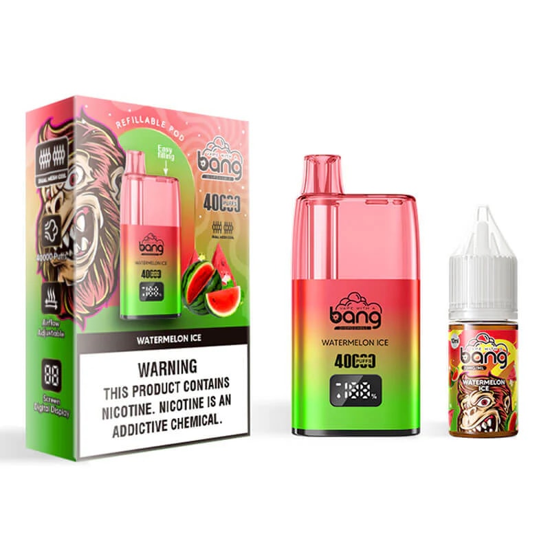 A box of watermelon ice flavored vape pods next to a vape device and a bottle of e-liquid, featuring vibrant packaging with a warning about nicotine.