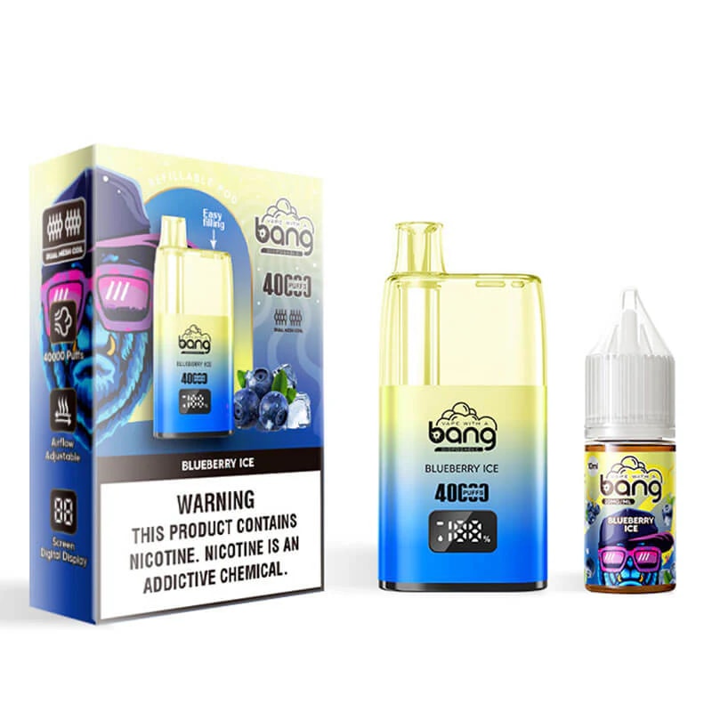 A blueberry-flavored vape product packaging with a refillable pod device, a digital display showing 40,000 puffs, and a warning label indicating the presence of nicotine.