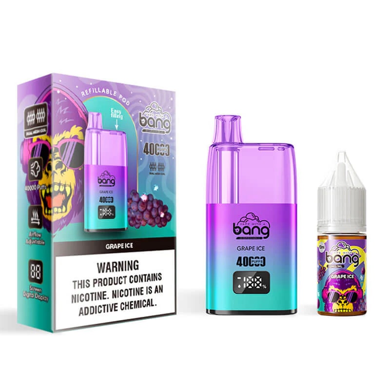 A Bang Grape Ice vape kit featuring a refillable pod system, a 40W device in purple and teal gradient, and a grape ice e-liquid bottle, displayed alongside its packaging.