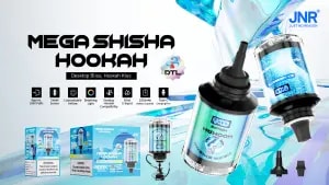 Dispositivo de cachimba Mega Shisha con un diseño elegante que incluye flujo de aire personalizable, pantalla inteligente, luz de respiración, compatibilidad con cachimba de escritorio, capacidad de 60 ml de e-líquido, batería de 2200 mAh y puerto de carga tipo C. Incluye empaque con marca y especificaciones clave.