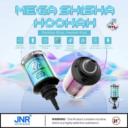 Dispositivo Mega Shisha Hookah con flujo de aire personalizable, luz de respiración, pantalla inteligente, capacidad de 60 ml de e-líquido, batería de 2200 mAh, puerto de carga tipo C, que ofrece aproximadamente 100.000 bocanadas y es compatible con configuraciones de hookah de escritorio.