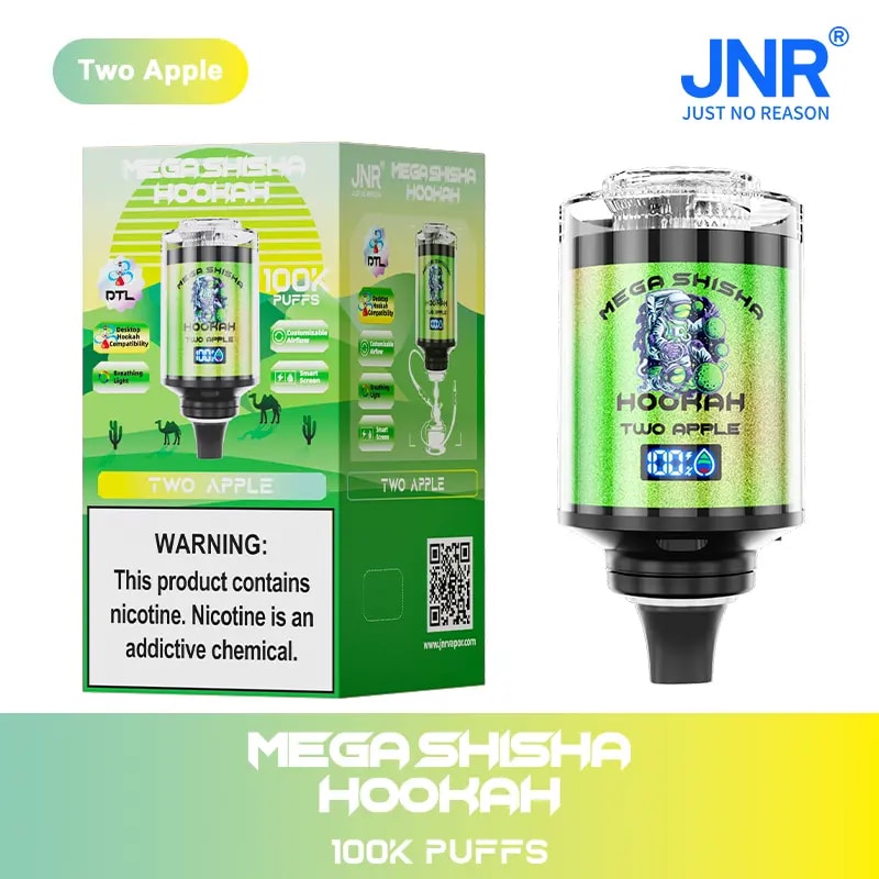 Dispositivo de cachimba Mega Shisha con empaque sabor "Two Apple", con 100.000 bocanadas, etiqueta de advertencia de nicotina y detalles del producto, que incluyen pantalla LED y funciones inteligentes.