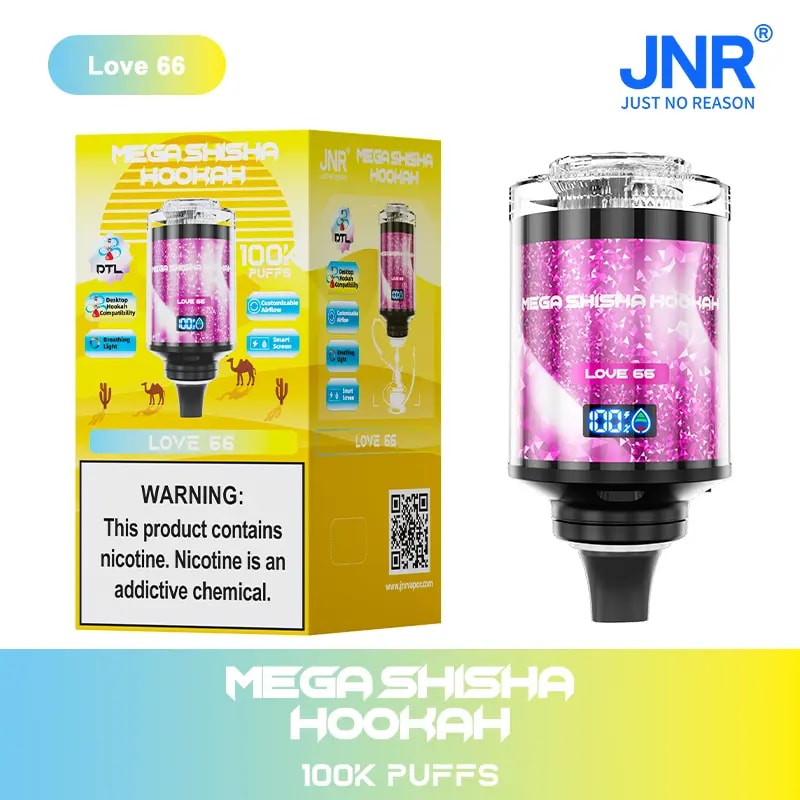 Mega Shisha Hookah con empaque de sabor Love 66 con pantalla digital, capacidad de 100K bocanadas y etiqueta de advertencia que indica el contenido de nicotina.