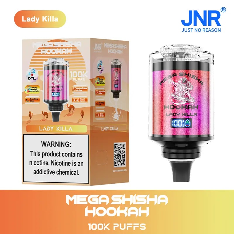 Dispositivo Mega Shisha Hookah con sabor “Lady Killa”, con 100.000 bocanadas, flujo de aire personalizable, pantalla LED y etiqueta de advertencia que indica el contenido de nicotina.