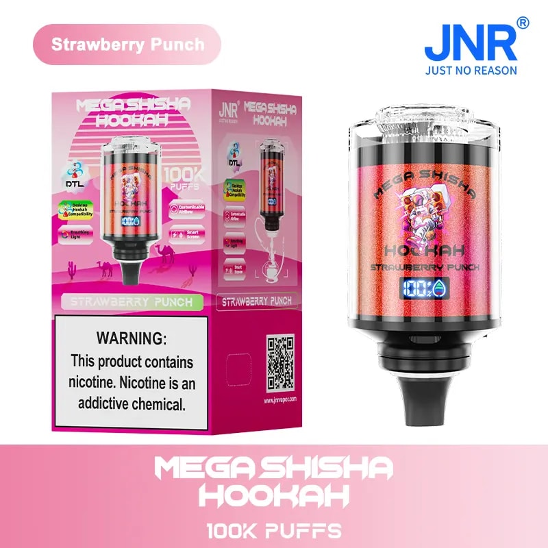 Dispositivo Mega Shisha Hookah con 100.000 bocanadas en sabor Strawberry Punch, que presenta un diseño rosa vibrante, pantalla digital y empaque con etiqueta de advertencia de nicotina.