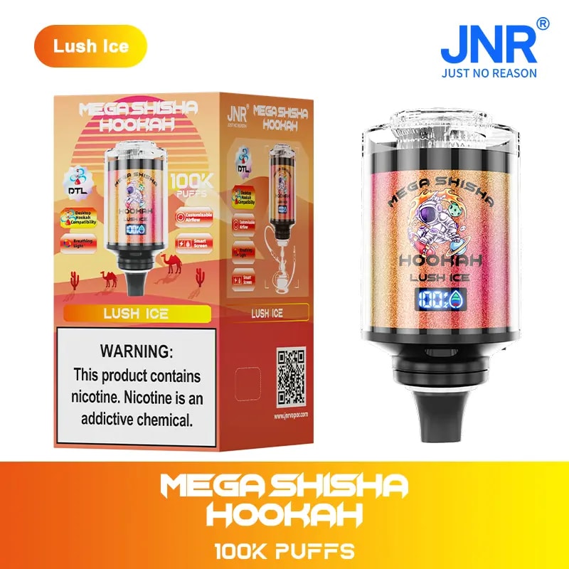 Mega Shisha Hookah con 100.000 bocanadas en sabor Lush Ice, con diseño de empaque con temática desértica, flujo de aire personalizable y una pantalla digital.