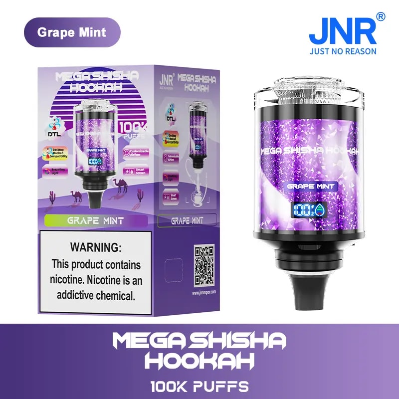 Un dispositivo Mega Shisha Hookah de temática violeta con sabor a uva y menta, 100.000 bocanadas, pantalla digital y empaque que resalta características y una advertencia sobre la nicotina.