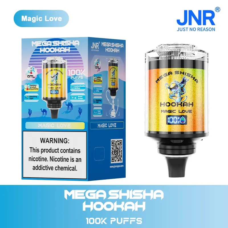 Embalaje y exhibición del producto "Mega Shisha Hookah Magic Love", que presenta un dispositivo de cachimba con pantalla digital, etiquetado "100K bocanadas" y una advertencia sobre la adicción a la nicotina.