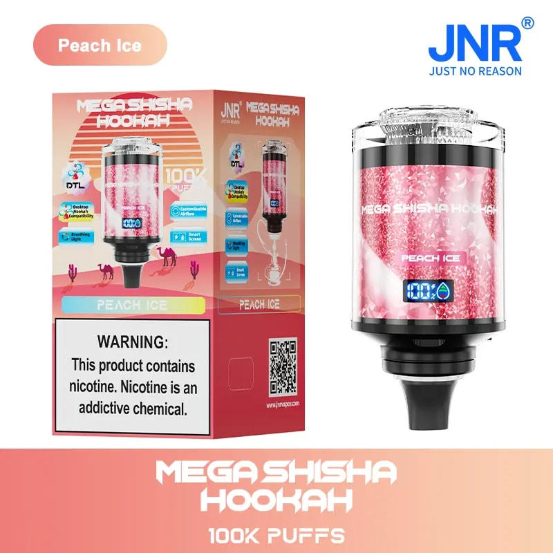Empaque y exhibición del producto Mega Shisha Hookah sabor Peach Ice, con una pantalla digital, flujo de aire personalizable y una advertencia sobre la nicotina como una sustancia química adictiva.