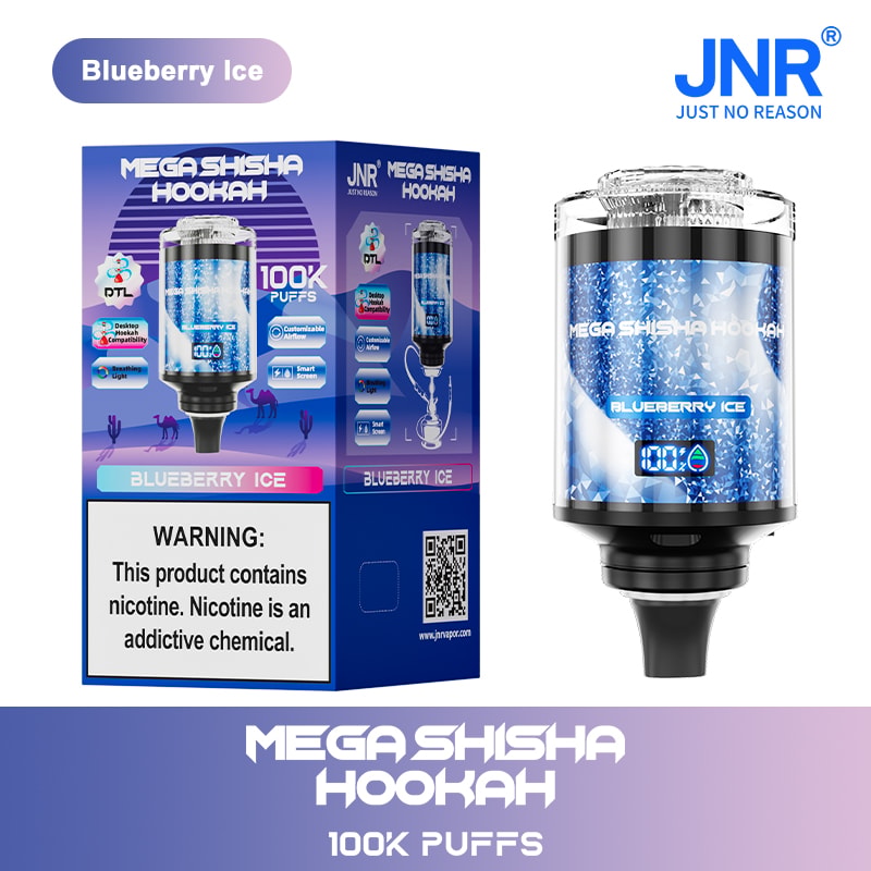 Dispositivo y empaque de cachimba Blueberry Ice Mega Shisha, con 100.000 bocanadas, pantalla digital y configuraciones personalizables, con una etiqueta de advertencia sobre la adicción a la nicotina.