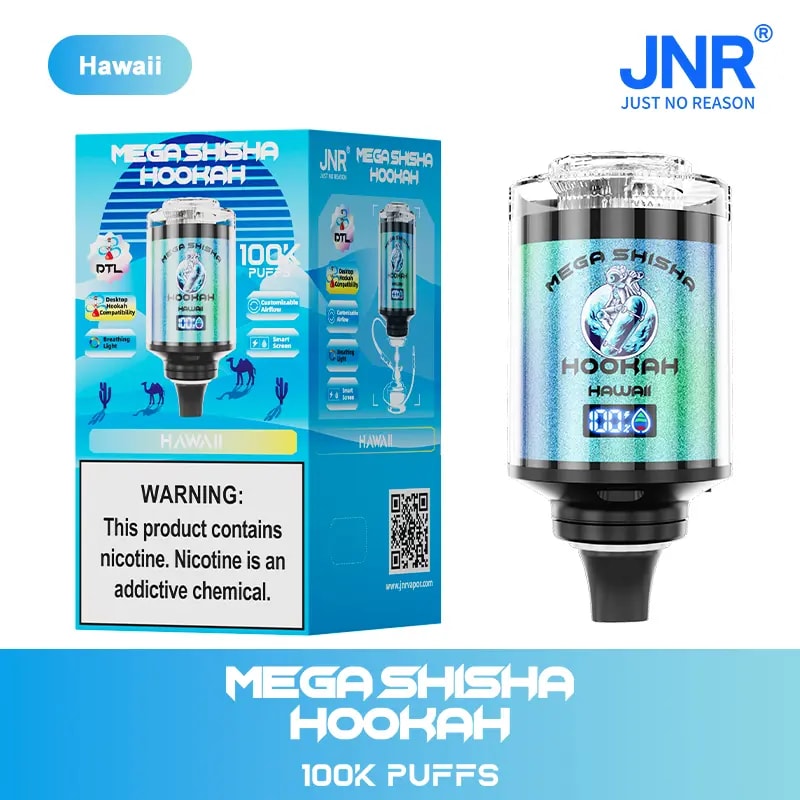 Dispositivo de cachimba Mega Shisha con marca Hawaii, capacidad para 100.000 bocanadas y empaque que muestra características como compatibilidad con escritorio, flujo de aire personalizable y una advertencia sobre el contenido de nicotina.