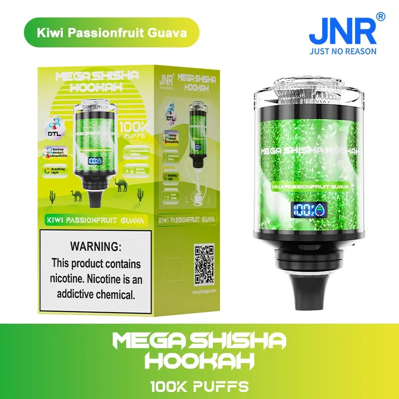 Embalaje y producto de JNR Mega Shisha Hookah con sabor a kiwi, maracuyá y guayaba, con el texto "100K Puffs", una etiqueta de advertencia de nicotina y un diseño de temática verde.