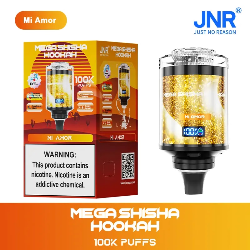 Empaque y dispositivo Mega Shisha Hookah Mi Amor, con diseño dorado con contador de bocanadas digital, etiquetado para 100.000 bocanadas, advertencia de nicotina mostrada en la caja.