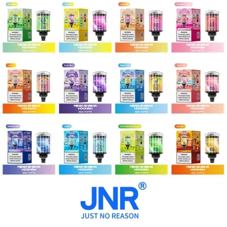 Imagen que muestra múltiples sabores de dispositivos de vapeo desechables JNR Mega Shisha Hookah, cada uno con un empaque colorido, que incluye sabores como Two Apple, Love 66, Lady Kills y más, junto con el logotipo de JNR y el eslogan "Just No Reason".
