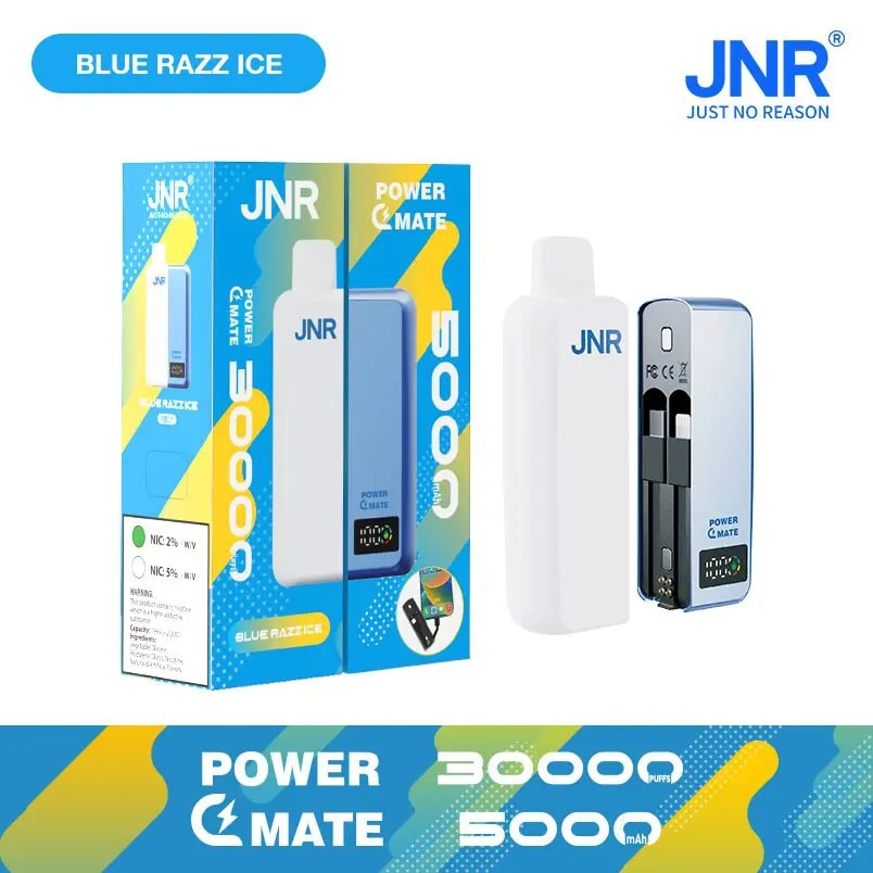 Blue Razz Ice JNR Power Mate disposable vape, 30,000 puffs, 5000mAh battery, shown with packaging and device featuring two visible cartridges.