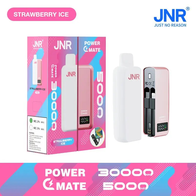 "JNR Strawberry Ice Power Mate device and packaging featuring 5000mAh battery and 30000 puffs capacity."