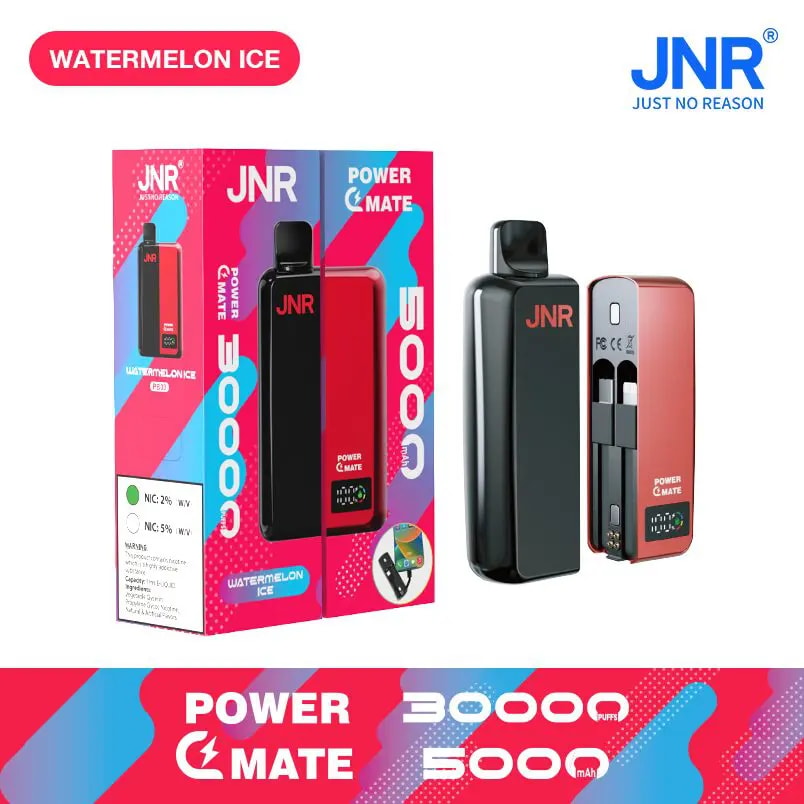 Packaging and product image of JNR Power Mate Watermelon Ice vape device, featuring a black and red design, 5000mAh battery, 30000 puffs capacity, and nicotine strength options of 2% or 5%.