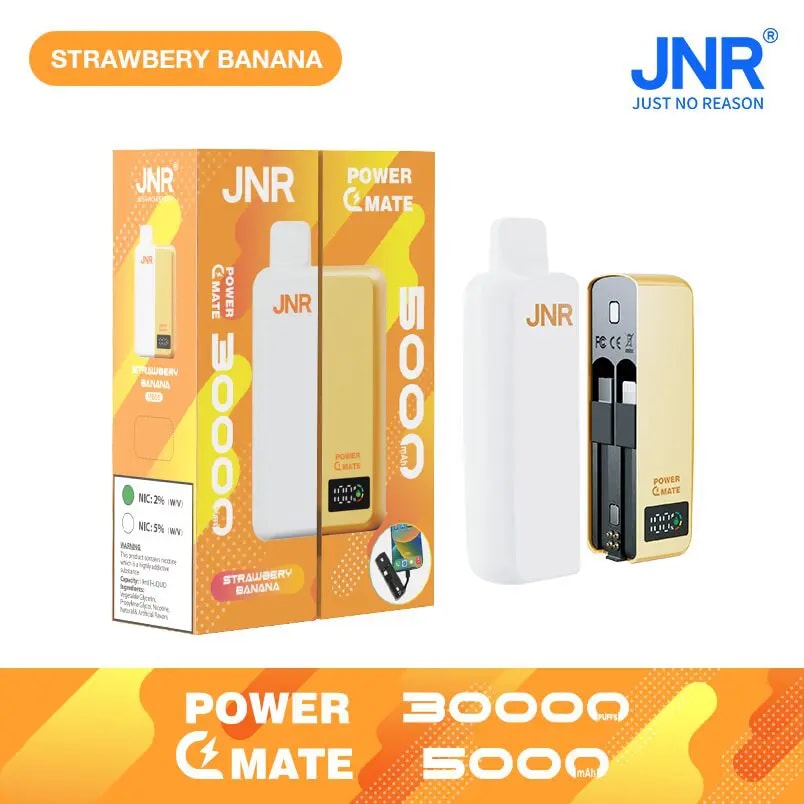 Strawberry Banana-flavored JNR Power Mate disposable vape device with 5000 puffs, 5000mAh battery, and a sleek yellow and white design, featuring replaceable cartridges and a digital display.