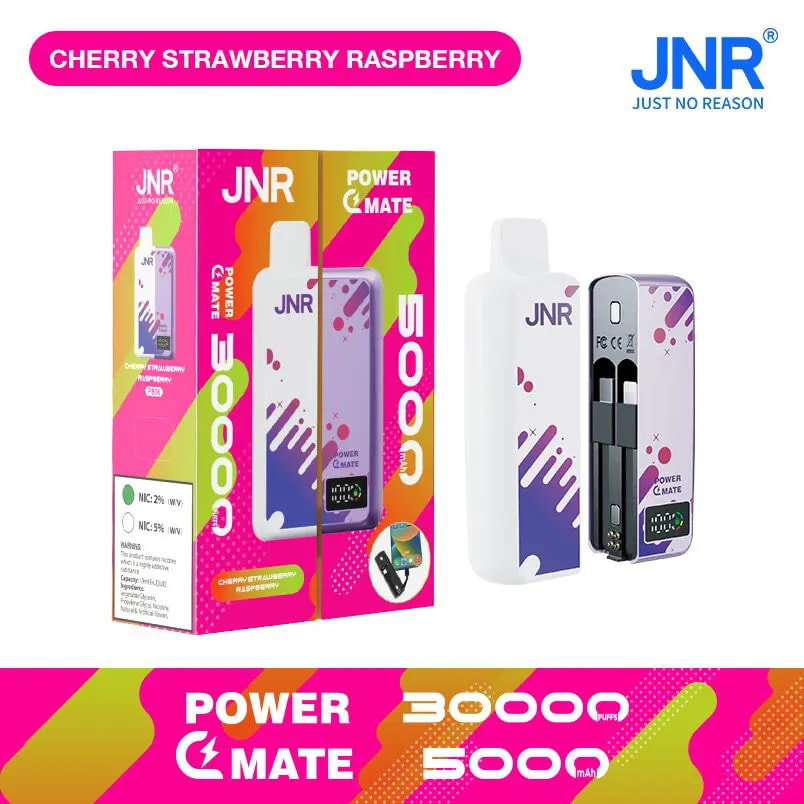 JNR Power Mate disposable vape device featuring 30,000 puffs, 5000mAh battery, and cherry, strawberry, raspberry flavor packaging design.
