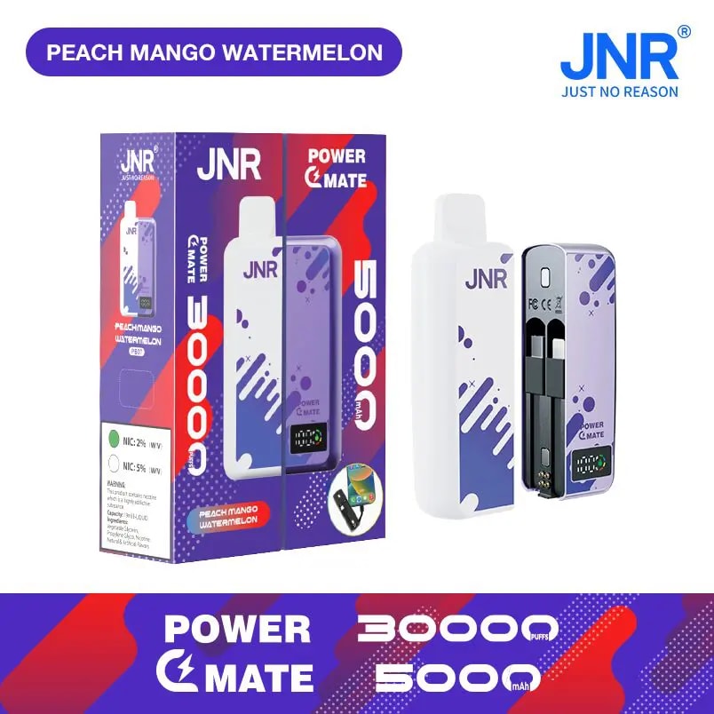 JNR Power Mate vape device with a purple design, featuring a display screen, rechargeable 5000mAh battery, and 30000 puffs capacity, alongside its packaging labeled "Peach Mango Watermelon."