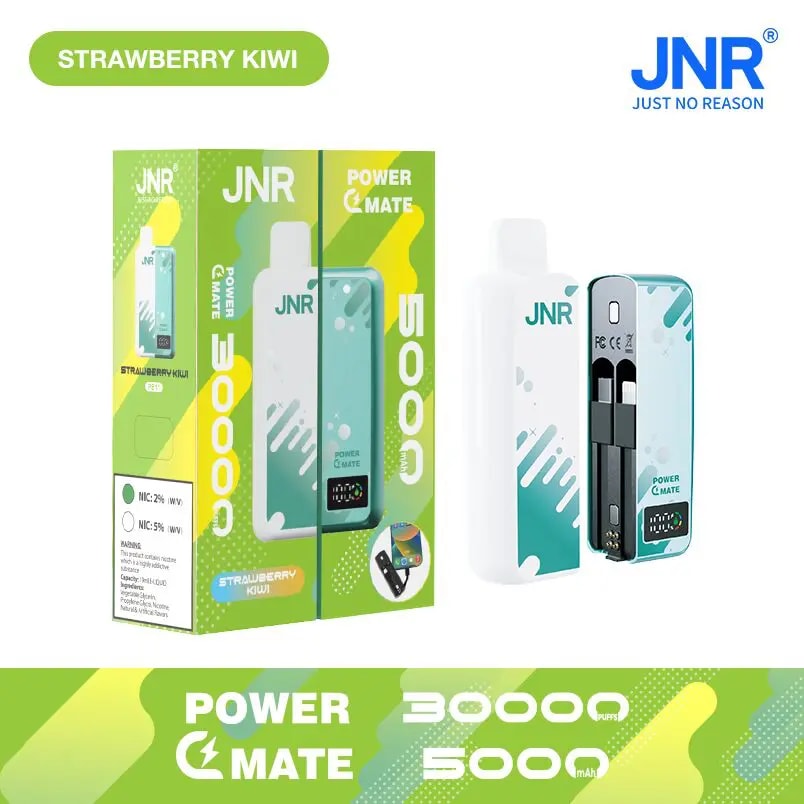 JNR Power Mate 5000 puff disposable vape in Strawberry Kiwi flavor with a rechargeable design and visible nicotine strength options (2% and 5%).