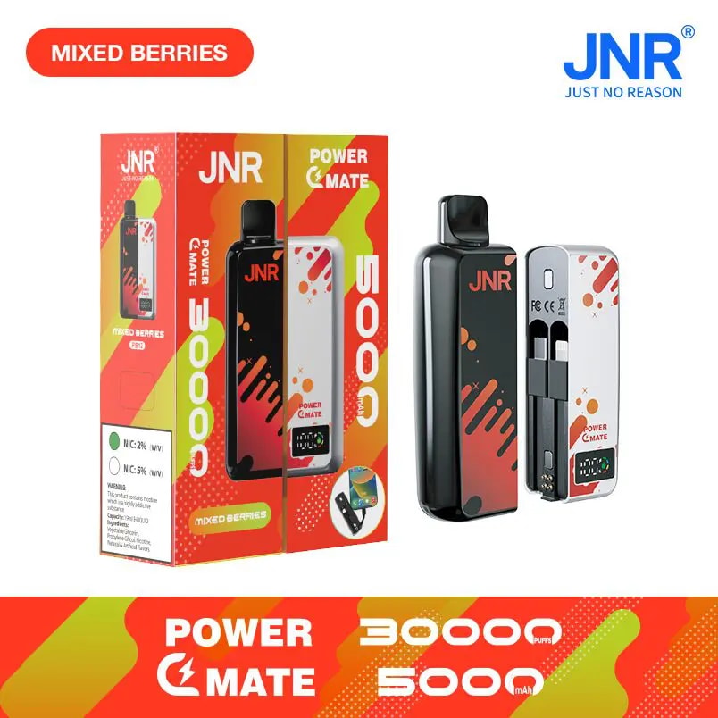 JNR Power Mate 30000 Puffs Mixed Berries vape device with 5000mAh battery, featuring a sleek black and red design, displayed alongside its packaging.