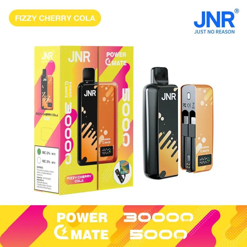 A colorful box of a vape product labeled "Fizzy Cherry Cola" with the brand name "JNR" and specifications for nicotine levels, alongside an image of the vape device itself in orange and black.